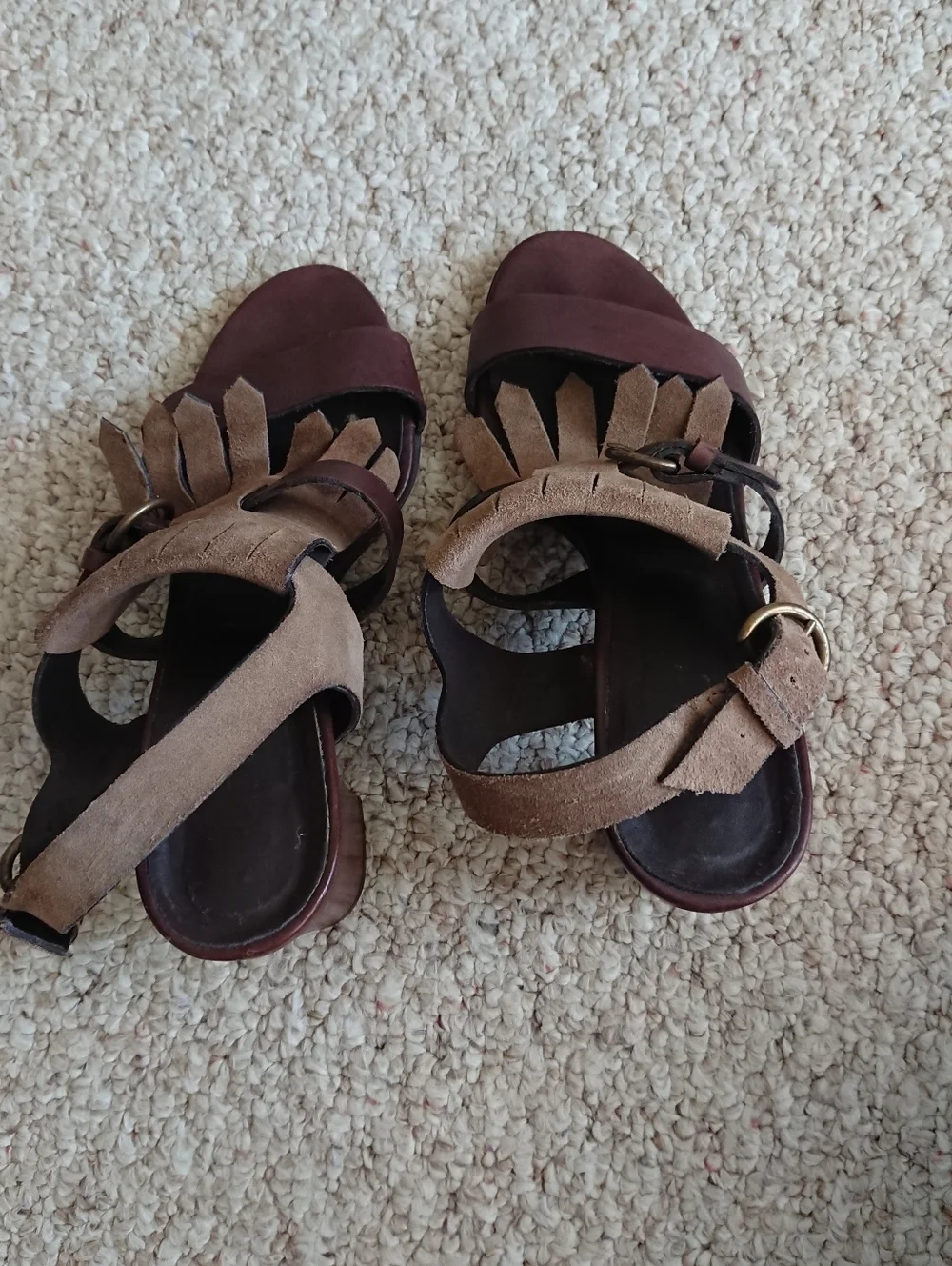 MINELLI Brown Leather with Suede fringe strap Block Heel Sandals size 8